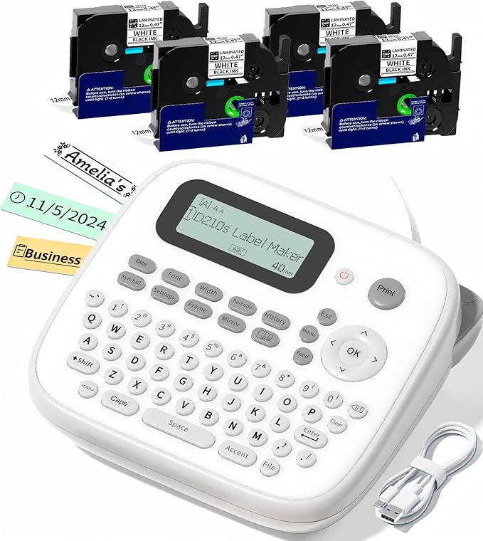 Label Maker Machine with 4 Tapes, D210s Labelmaker, Replacement for Brother Ptouch Label Maker Machine, Waterproof Removable Freezer Food-Labels for Jars/Containers/Bottle