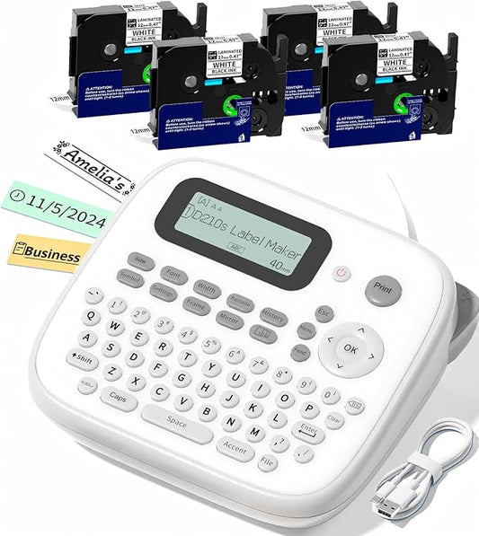 Label Maker Machine with 4 Tapes, D210s Labelmaker, Replacement for Brother Ptouch Label Maker Machine, Waterproof Removable Freezer Food-Labels for Jars/Containers/Bottle