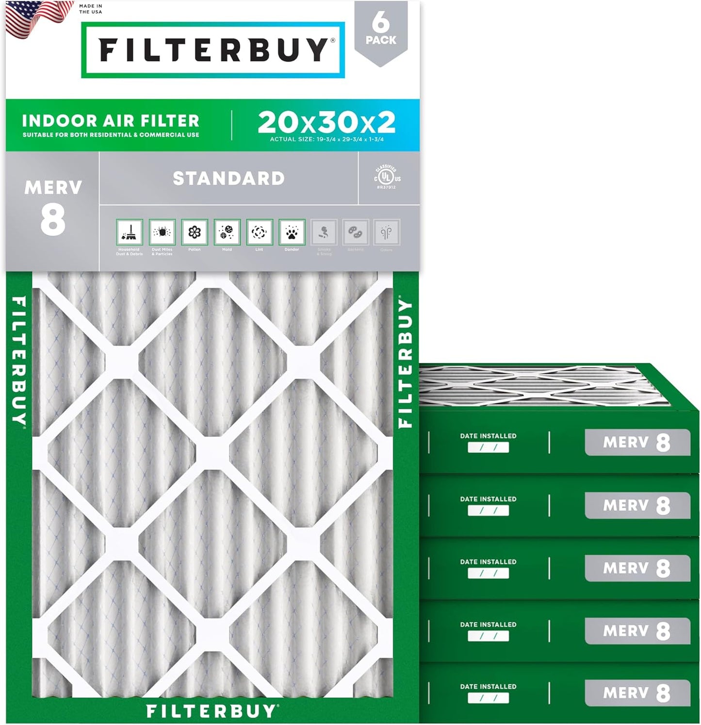 Filterbuy 20x30x2 Air Filter MERV 8 (MPR 700) Dust Defense Replacement (6-Pack), Electrostatic Pleated HVAC AC Furnace Filters, Made in USA (Actual Size: 19.75 x 29.75 x 1.75)