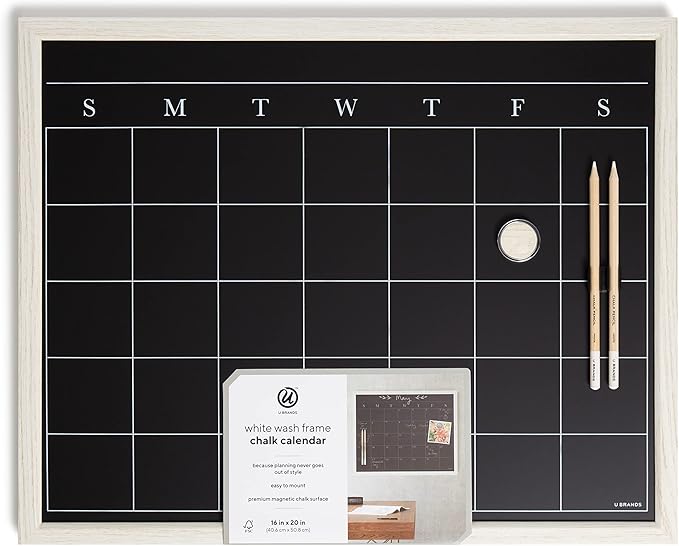 U Brands White Wash Frame Chalkboard Calendar White Board Set, Office Supplies, with Magnet, Chalk Pencils 16” x 20”, 4 Pieces