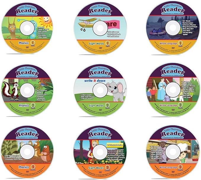 Early Reading Program for Baby, Toddler, Preschool, Kindergarten- Alphabet, Vowel Phonics & 200+ Sight Words - Little Champion Reader 9 DVD, Flash Card, Book Kit