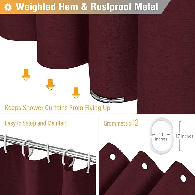 BTTN Fabric Shower Curtain, Linen Textured Heavy Duty Polyester Cloth Shower Curtain Set with Plastic Hooks, Burgundy, 72x96