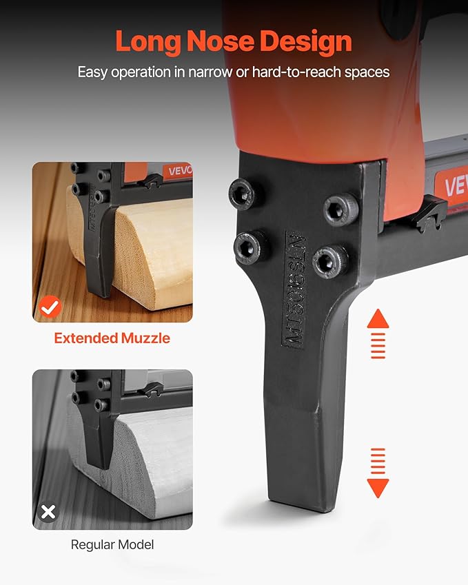 VEVOR Pneumatic Staple Gun, 20 Gauge Long-Nose Upholstery Stapler for 50 Series Fine Wire Staples 1/2-inch Crown 1/4"-5/8" Length, Max 110PCS Loading Air Staple Gun for Upholstering, Woodworking, DIY