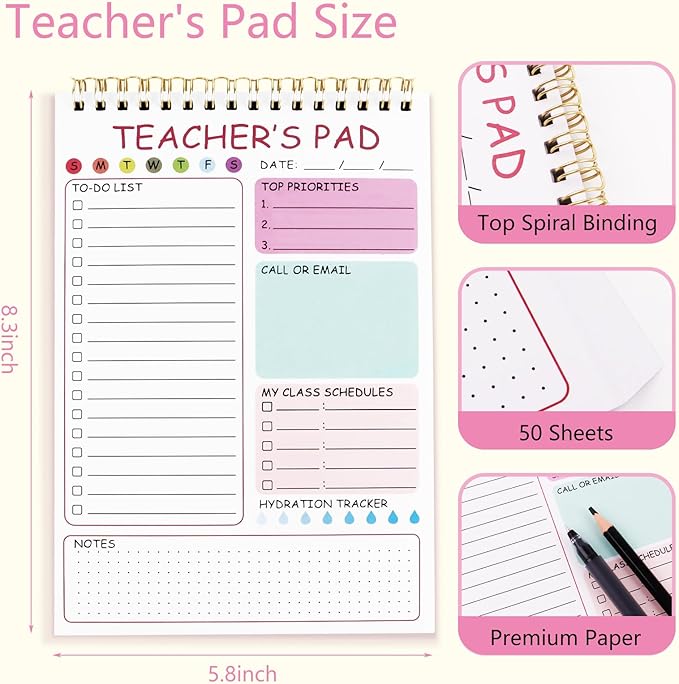 Newkita Teacher To Do List Notepad, 8.3x5.8 Inch Teacher Notepad, Spiral Checklist Notebook for Class Schedules, Daily Planner, School Tasks and Goal Setting (Pink)