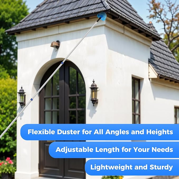 26ft Telescoping Dusting Kit, Aluminum 5-20ft Fan & Window Cleaner Set, Versatile Dusting Set with 5 Replaceable Heads for Cleaning Fans, Windows, and Hard-to-reach Areas Outdoors Without Ladder