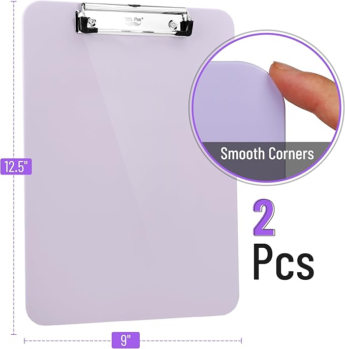 Mr. Pen- Plastic Clipboard, 12.5" x 9", 2 Pack, Muted Purple Clipboard Plastic, Low-Profile Metal Clip with Retractable Hanging Hole