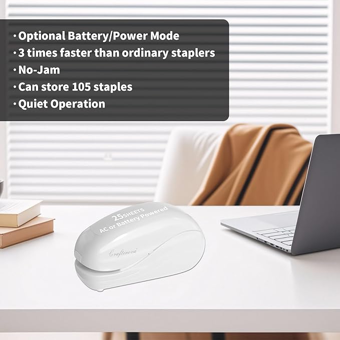 Electric Stapler,Including 2000 Staples and 1 Staple Remover, Suitable for Palm Size and high Comfort，25 Sheet Capacity, AC Adapter or Battery Powered，Battery not Included，(White)