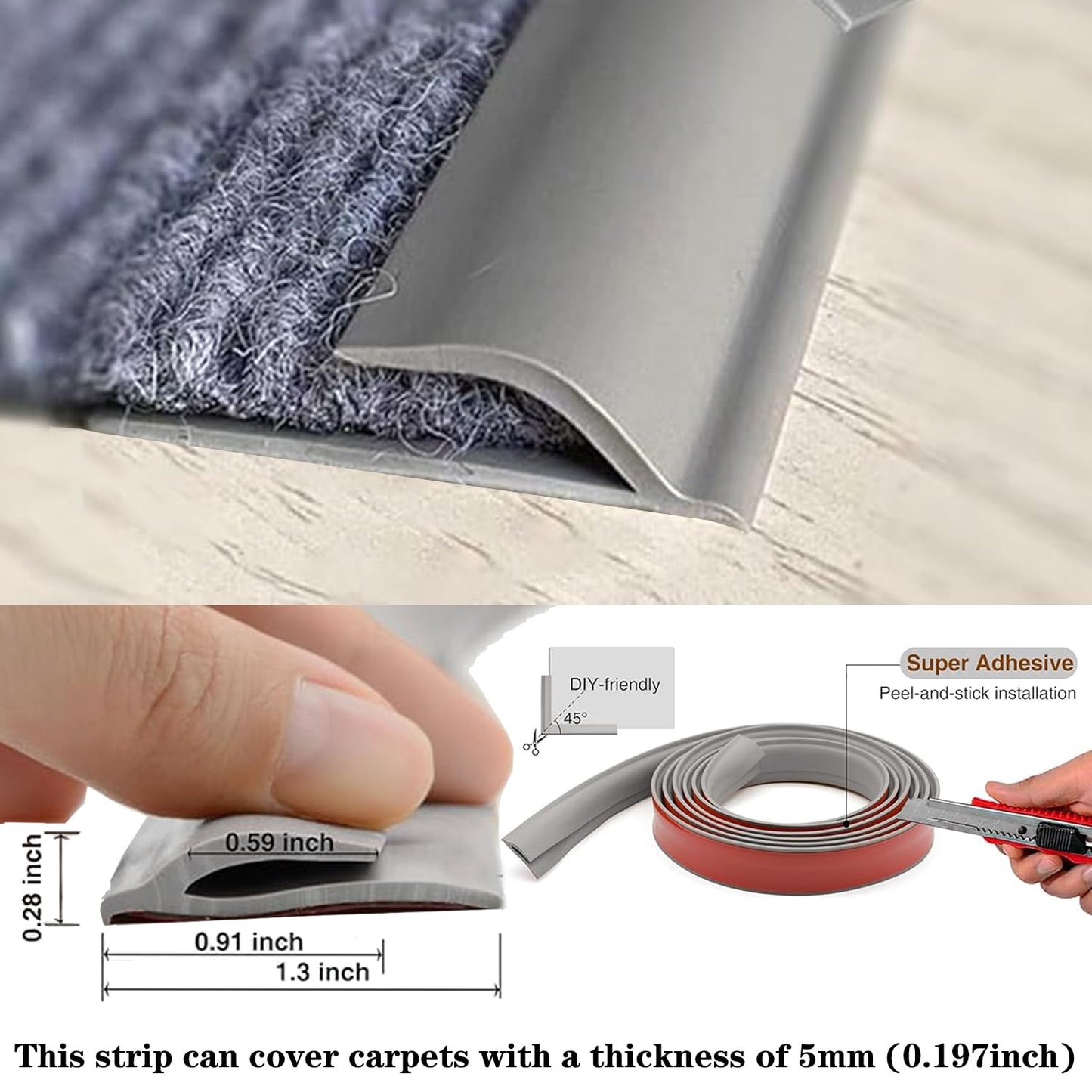 Self Adhesive Carpet Transition Strip with Edge Trim, Designed for Seamless Transitions from Carpet to Tile or Vinyl Floors, Perfect for Doorways.(Gray,6ft)
