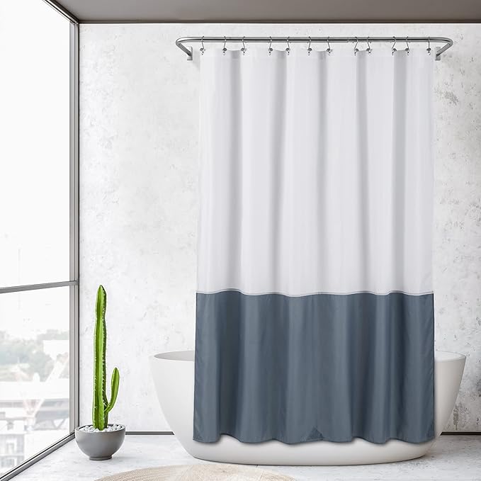 ALYVIA SPRING Waterproof Fabric Shower Curtain Liner - Soft & Light-Weight Cloth Shower Liner, 3 Bottom Magnets, Hotel Quality & Machine Washable - Standard Size 72x72, White and Stone Blue