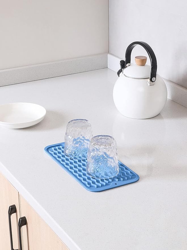 Silicone Dish Drying Mat for Multiple Usage,Easy clean,Eco-friendly,Heat-resistant Silicone Mat for Kitchen Counter or Sink,Refrigerator or Drawer Liner Lichen BlueL S 12 inches x 6 inches