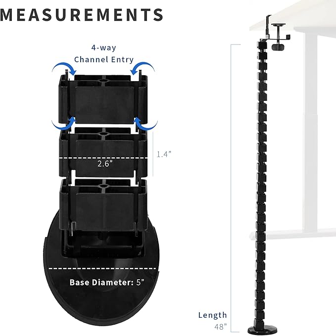 VIVO No Drill Clamp-on Desk Vertebrae Cable Management Kit, Adjustable Quad Entry Flexible Cord Organizer for Home Office, Black, DESK-AC01P-B