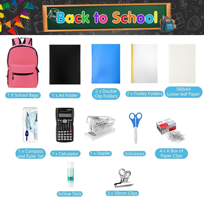 81 Pcs School Supply Kit with Backpack Back to School Supplies Bundle Bulk School Essentials for Elementary Middle High School Students Includes Folders Notebooks Pencils and More(Pink)