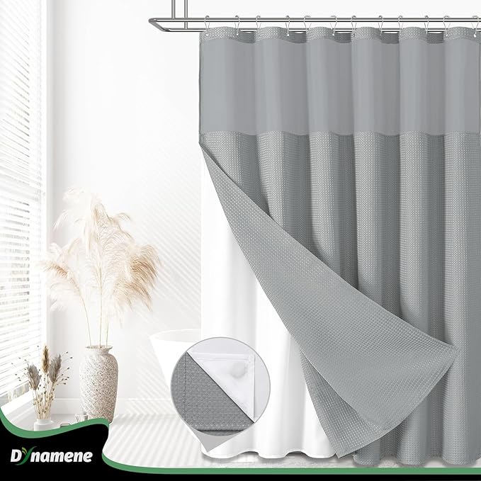 Dynamene 78 Inch Long Shower Curtain, Tall Waffle Fabric Shower Curtains for Bathroom, Hotel Waterproof Cloth Shower Curtain Liner Set with Hooks, Snap in Liner, Mesh Top Window, Dark Grey, 72x78
