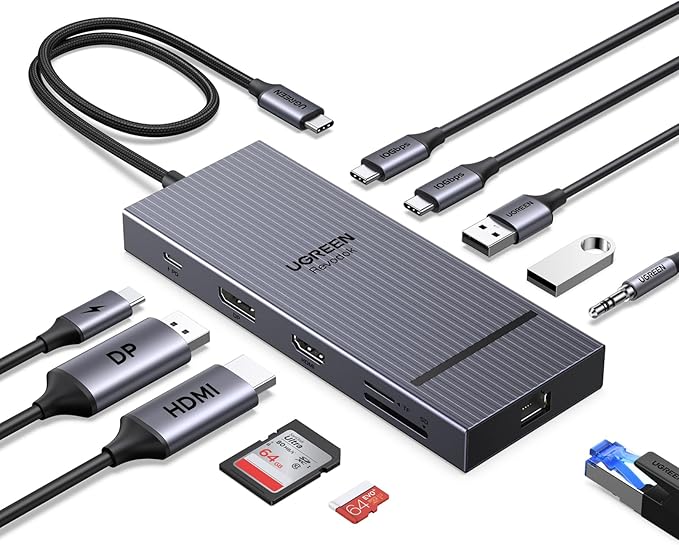 UGREEN 11-in-1 Docking Station: 4K@120Hz DP+HDMI, Dual 10Gbps USB-C, 100W PD, SD/TF, Gigabit Ethernet, 3.5mm Audio, Aluminum Body Revodock Pro USB C Dock for Dell/HP/Lenovo