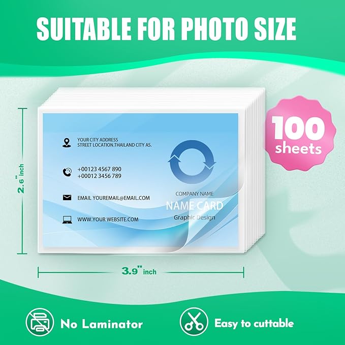 100 Pack Self Sealing Laminating Pouches for Small Business Card,Waterproof Self-Adhesive Laminating Pouches,2.6x3.9 Inches, 10 Mil Thickness, No Laminator Machine Needed