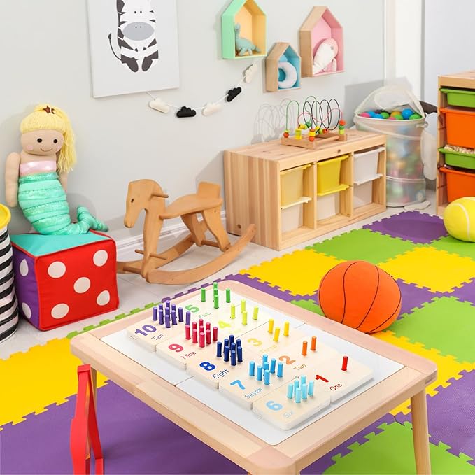 Suwimut Wooden Counting Peg Board, Kindergarten Math Manipulatives Number Counting Toys, Learning Activities Montessori Educational Toys for 3 4 5 Year Old Kids Boys Girls Gifts