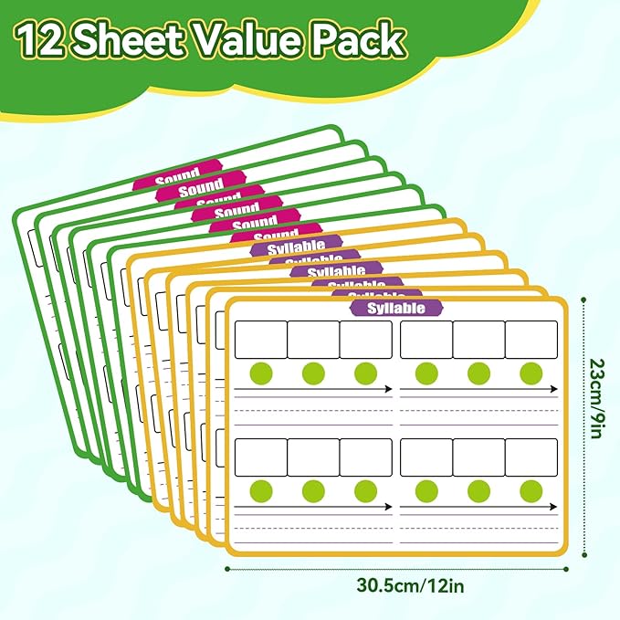 12 Pack Phonemic Awareness Dry Erase Flash Card,Phonics Games Science Reading Manipulative Speech Therapy Material Elkonin Box 1st Grade Classroom Must Haves Teacher Homeschool Supplies