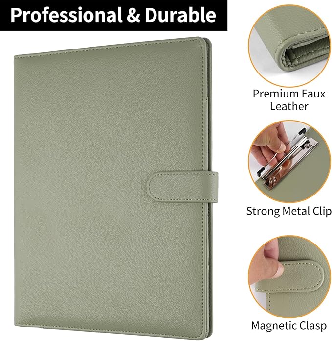 Professional Padfolio with Clipboard, Faux Leather Portfolio Folder Binder, Legal Pad Holder for A4 Letter Size Notepad, Resume, Writing, Ideal Organizer for Business Office Conference (Sage Green)