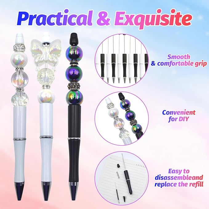 300 Pieces DIY Beadable Pen Kit – 100 Plastic Ballpoint Pens with Refills & Bags – School Supplies, Office Accessories & Decorative Items for Students & Teachers (Black and White)