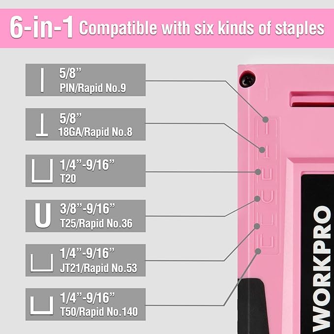 WORKPRO Pink Staple Gun, 6-in-1 Manual Brad Nailer with 4000-Pieces Staples for Fixing Material, Carpentry, Upholstery, Furniture and DIY - Pink Ribbon