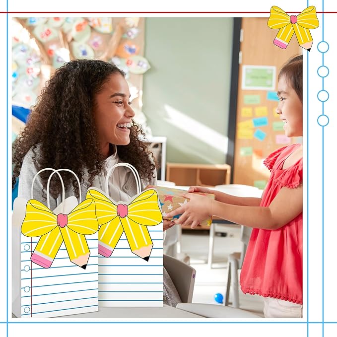 Kolldenn Teacher Gift Bags Composition Paper Bags with Handles Notebook Line Teacher Appreciation Graduation Gifts Bag for Kindergarten Preschool End of Year Party Favors Wrapping(24 Pcs,Notebook)