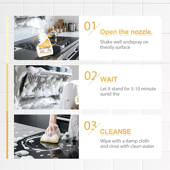 Heavy-Duty Kitchen Degreaser Foam Cleaner, Powerful Kitchen Degreaser Spray & Dual Side Scrub Sponge Set Grease Remover for Stove Range Hood (3, Standard)