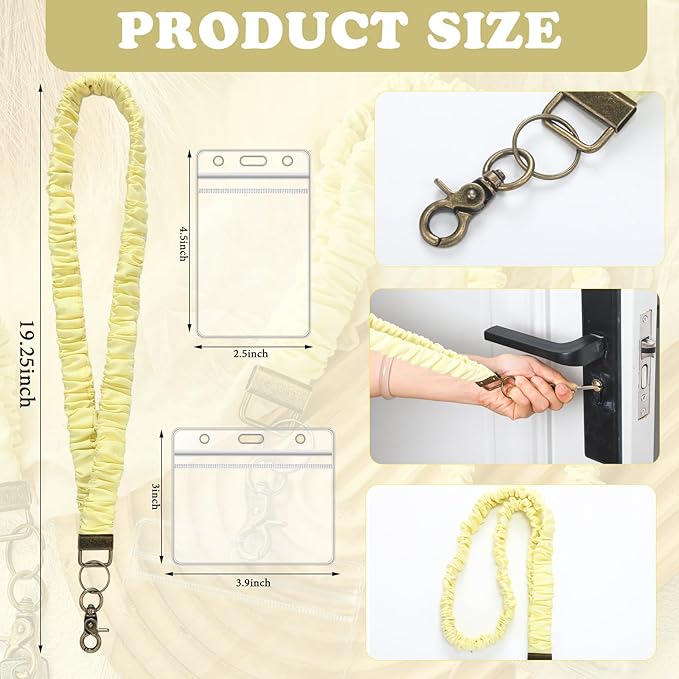 Marspark 2 Set Scrunchie Lanyards with 4 Card Holders for ID Badges and Keys Cute Stretchy Scrunchie Neck and Wrist Lanyards for Teacher Women Nurses School Office Supplies(Yellow,Solid Color)