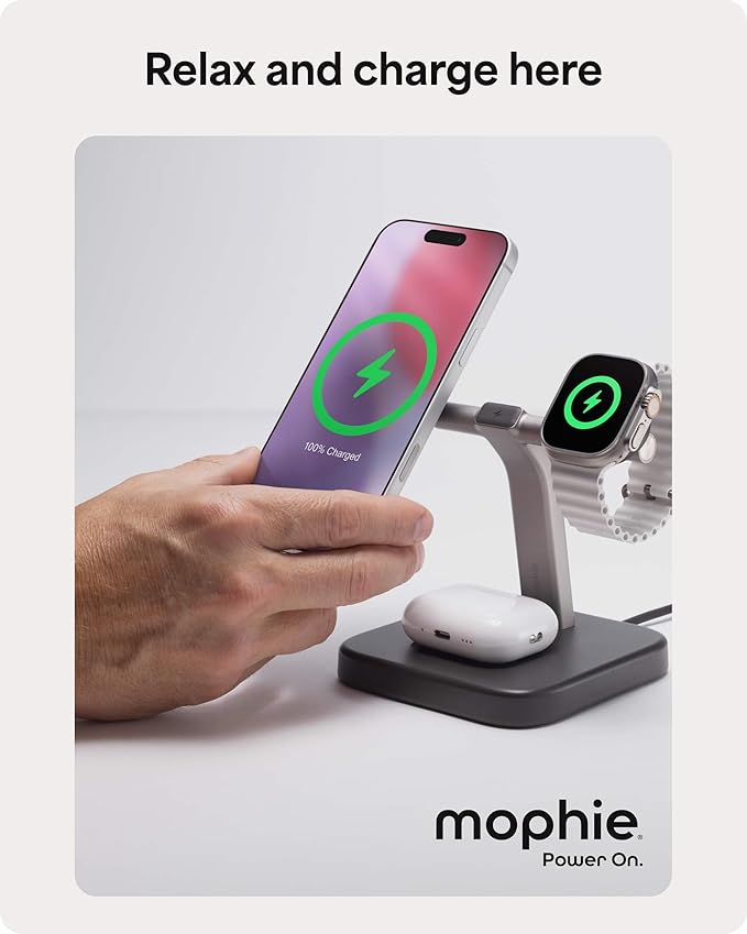 Mophie 3-in-1 Wireless Charging Stand - Qi2-Certified, MagSafe Charger for iPhone, Apple Watch & AirPods – Fast Charging Station with Adjustable Phone Stand & Cable Management – Up to 15W Power, Black