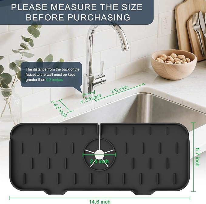 Kitchen Faucet Sink Splash Guard, Silicone Faucet Water Catcher Mat – Sink Draining Pad Behind Faucet, Grey Rubber Drying Mat for Kitchen & Bathroom Countertop Protect -Black