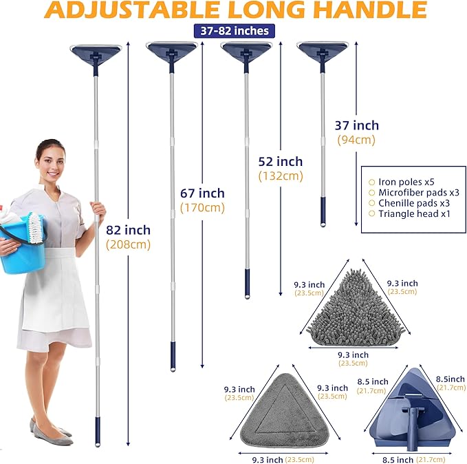 Wall Cleaner Mop with 82" Extendable Handle, 360° Rotating Head & 90° Flip, Microfiber/Chenille Pads, Built-in Squeegee for Ceiling, Wall, Baseboard and Window Cleaning