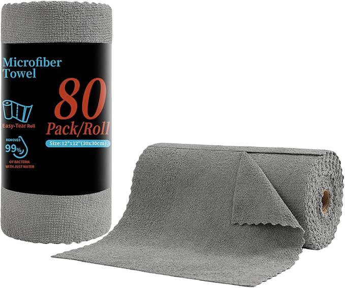 80 Pack Microfiber Cleaning Cloth Roll,Lint Free Rags & Tear Away Reusable Towels Washable Scratch,Ultra Absorbent Dish Rags(12" x 12") for Car Kitchen Home Garage-Dark Gray