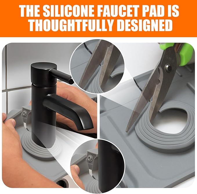17.7" Dark-Gray Silicone Faucet Mat with Button Style Design – Longer Drip Catcher Tray & Sink Splash Guard, 6° Slope Behind Faucet Mat | Easy Kitchen & Bathroom Sink Protector