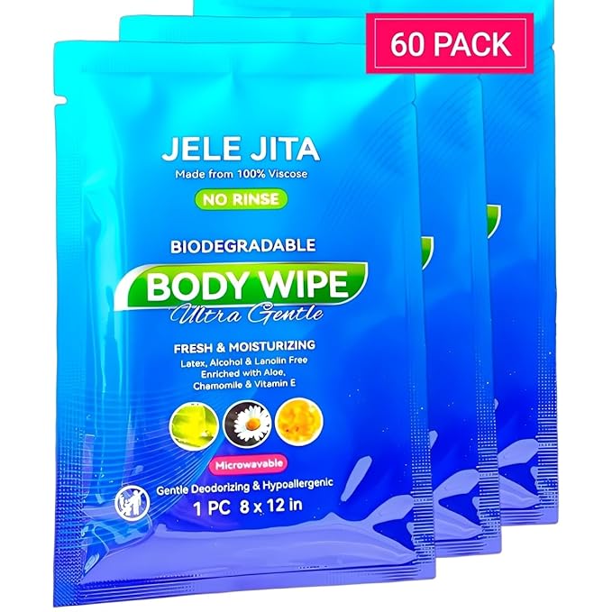Ultra Gentle Body Wipes No Rinse, 60 Individually Wrapped Personal Hygiene Shower Wipes for Women and Men, Spa-Grade Comfort, Biodegradable, Great for Gym Travel Camping Post Surgery 8"x12" Unscented