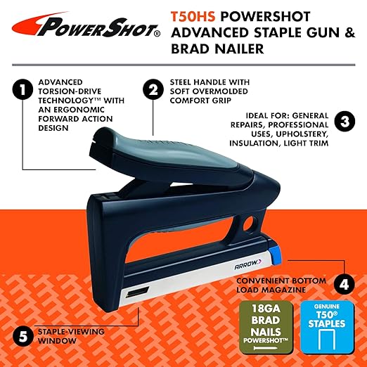 Arrow T50HS PowerShot Advanced Professional Heavy Duty 2-In-1 Staple and Nail Gun for Wood, Upholstery, Furniture, Crafts, Fits All T50 Staples and 5/8” Brad Nails