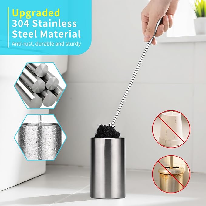 Toilet Bowl Brush and Holder Solid Long Handle Toilet Brush for Bathroom with Heavy Duty 304 Stainless Steel Base and 2 Brush Heads for Domestic Deep Cleaning Under Rims (Silver 1)