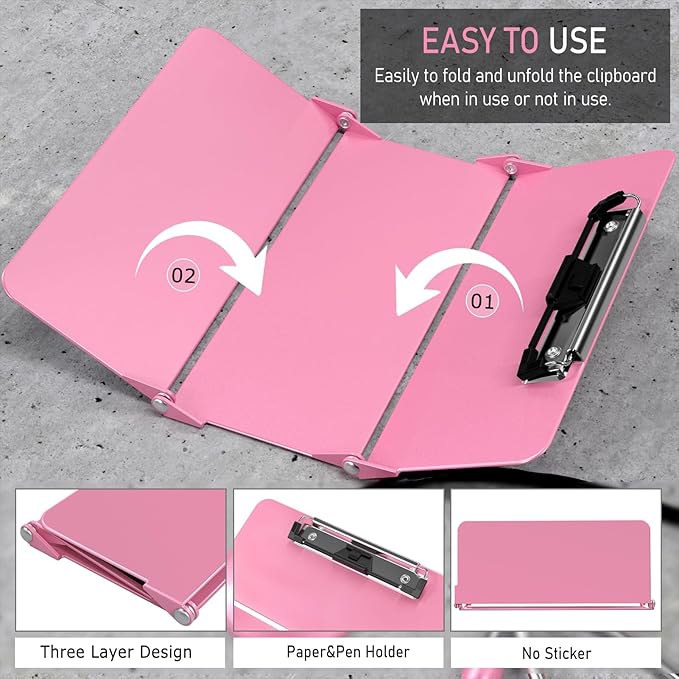 Nursing Clipboard Foldable Without Edition Cheat Charts, 3 Layers Aluminum, Nurse Board w/Low Profile Clip&Pen Clip Pocket, Pink