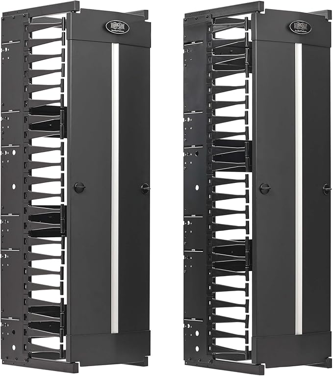 Tripp Lite Vertical Cable Manager, High-Capacity Deep Double Finger Duct, Front-Facing Cover, Two 3.5 feet Tall Sections, 12 inch Wide x 11.4 inch Depth, Black, 5-Year Warranty (SRCABLEVRT12HD)