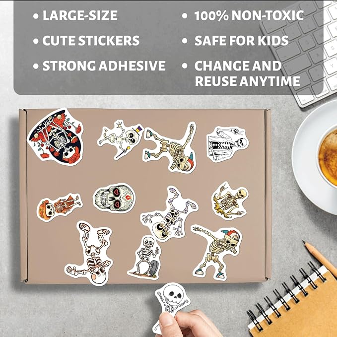 Dancing Skeleton Aesthetic Stickers Pack 50Pcs Vinyl Decals for Water Bottles Laptop Luggage Computer Phone Case Cups Teens Adults Women Kids Funny Gothic Alternative Style Hat