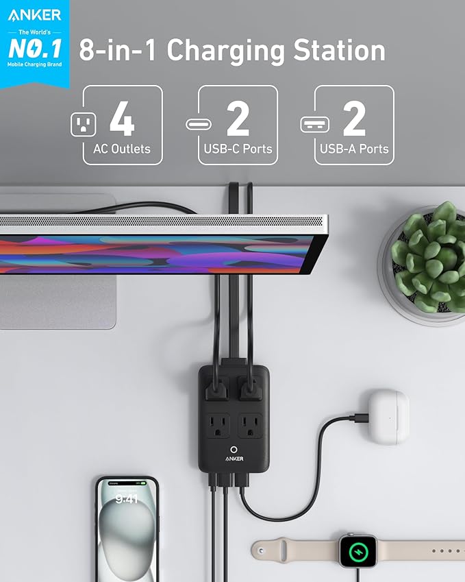 Anker Charging Station, 20W Max 8-in-1 USB-C Power Strip for iPhone 15/14 and MacBook Air/Pro, 5 ft Thin Cord with 4 AC, 2 USB-A, and 2 USB-C Ports, Fast Charging Desktop Charger for Travel, Office