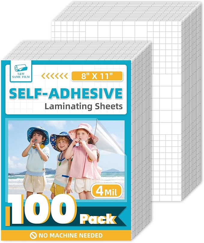 T&W SAME FILM 100 Pack Self Adhesive Laminating Sheets, 4mil, 8 x 11 Inch Laminator Sheets, Self Sealing Laminating Sheets for Laminator, Round Corner, No Heat, No Machine Needed