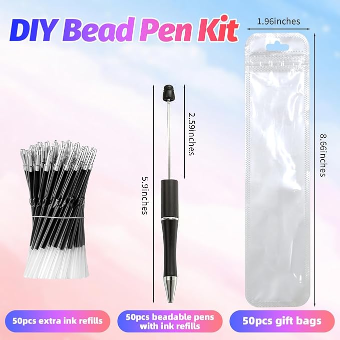 150 Pieces DIY Beadable Pen Kit – 50 Plastic Ballpoint Pens with Refills & Bags – School Supplies, Office Accessories & Decorative Items for Students & Teachers （Black）