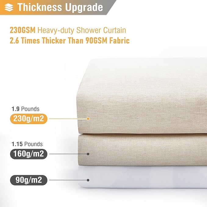 BTTN Long Fabric Shower Curtain - 72x80 Inch Linen Textured Heavy Duty Polyester Cloth Shower Curtain Set with 12 Plastic Hook, Hotel Luxury Waterproof Modern Shower Curtains for Bathroom, Beige/Cream