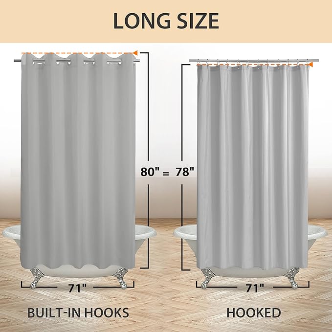 River Dream No Hook Grey Shower Curtain or Liner 78" Length - Soft Microfiber 78" Long Fabric Shower Curtain Liner Set, Machine Washable & Water Repellent, Gray, 71x80