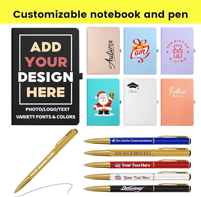 Customizable Notebook with Pen- Personalized Notebook Bulk Cover with Any Design - A6/A5 192 Lined Pages Journaling Notebooks for Work School Business Church