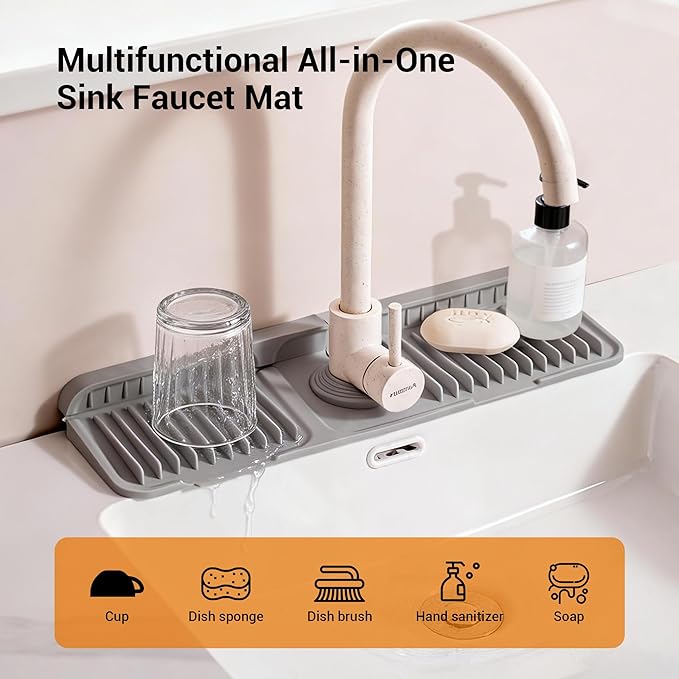 Faucet Mat for Kitchen Sink, 14"X5.5" Silicone Sink Splash Guard with Soap Holder, Snap-On Design & 7°slope Fast Drain, Folding Sink Faucet Mat for Universal Kitchen Bathroom Sink（Grey）