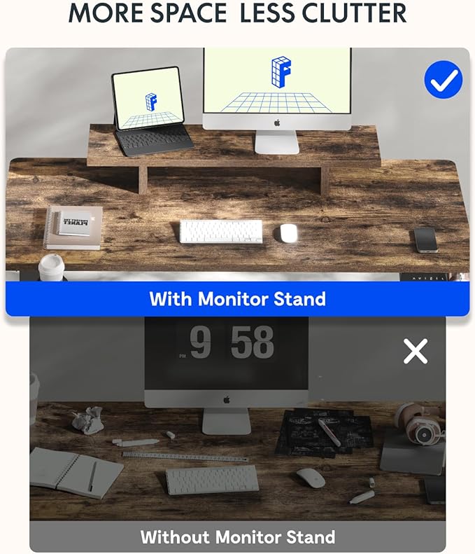 FLEXISPOT Standing Desk with Monitor Stand, 48 x 24 Inches One-Piece Electric Height Adjustable Computer Desk with Cup Holder, Home Office Desks (Black Frame+ Rustic Top)
