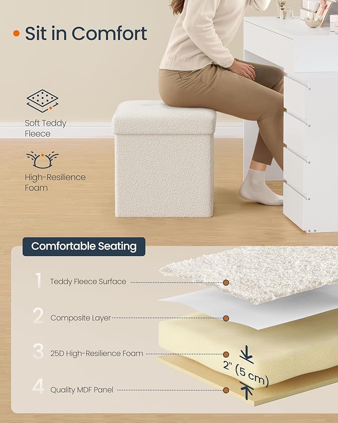 SONGMICS Small Folding Storage Ottoman, Foot Rest Stool, 15 x 15 x 15 Inches, Ottoman with Storage, Load up to 660 lb, for Living Room, Bedroom, Dorm, Cream White ULSF095W01