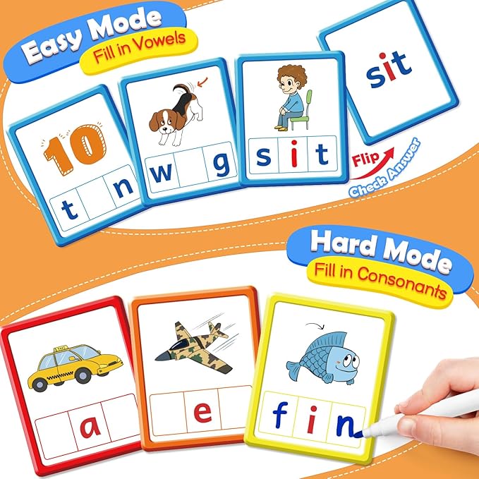 Torlam CVC Word games Phonics Games Sight Words Flash Cards, Spelling Reading Learning Flashcards, Speech Therapy Toy Preschool Kindergarten Classroom Learning Activities Must Have Homeschool Supplies