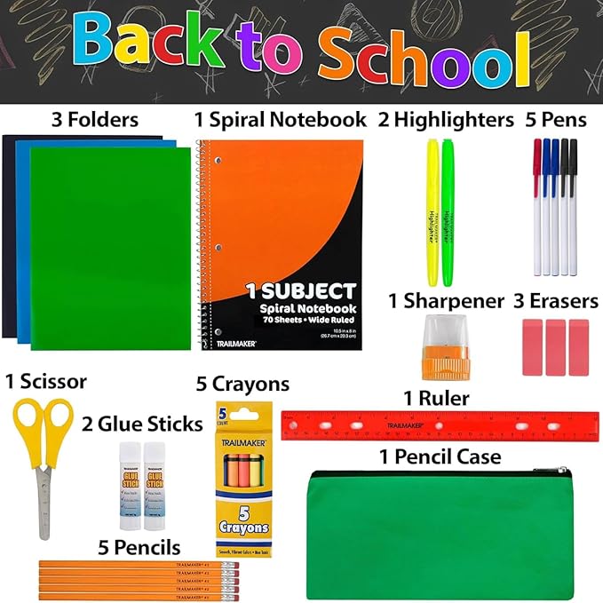 School Supplies Kit for Girls, Boys Back to School Supplies Bundle Pack 30 Piece School Supply Box Set for Kids Kindergarten, Elementary K-8 Includes Notebook, Folders, Pens, Pencils, and More