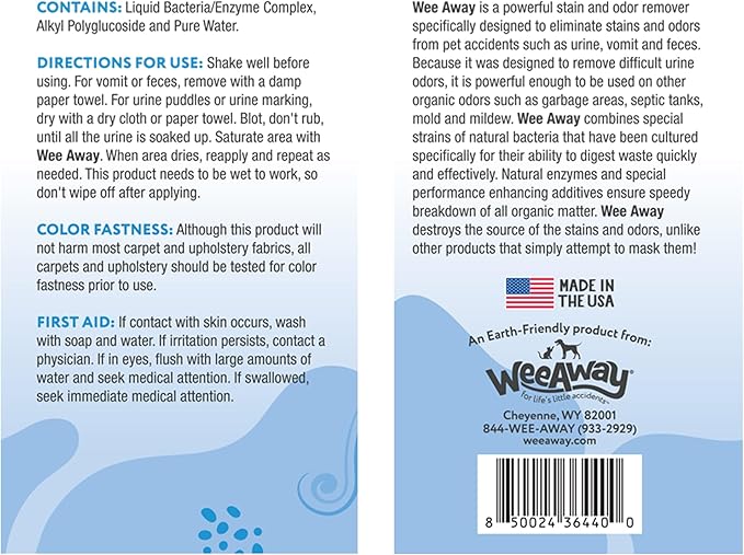 Wee Away Original Formula Concentrated Stain & Odor Remover, Enzyme Cleaner, Pet Urine Odor Eliminator for Home - Pet Mess Destroyer for Carpet & Furniture, Unscented, 32 fl oz